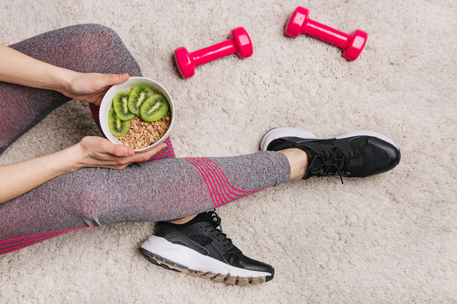 Woman working out and eating healthy